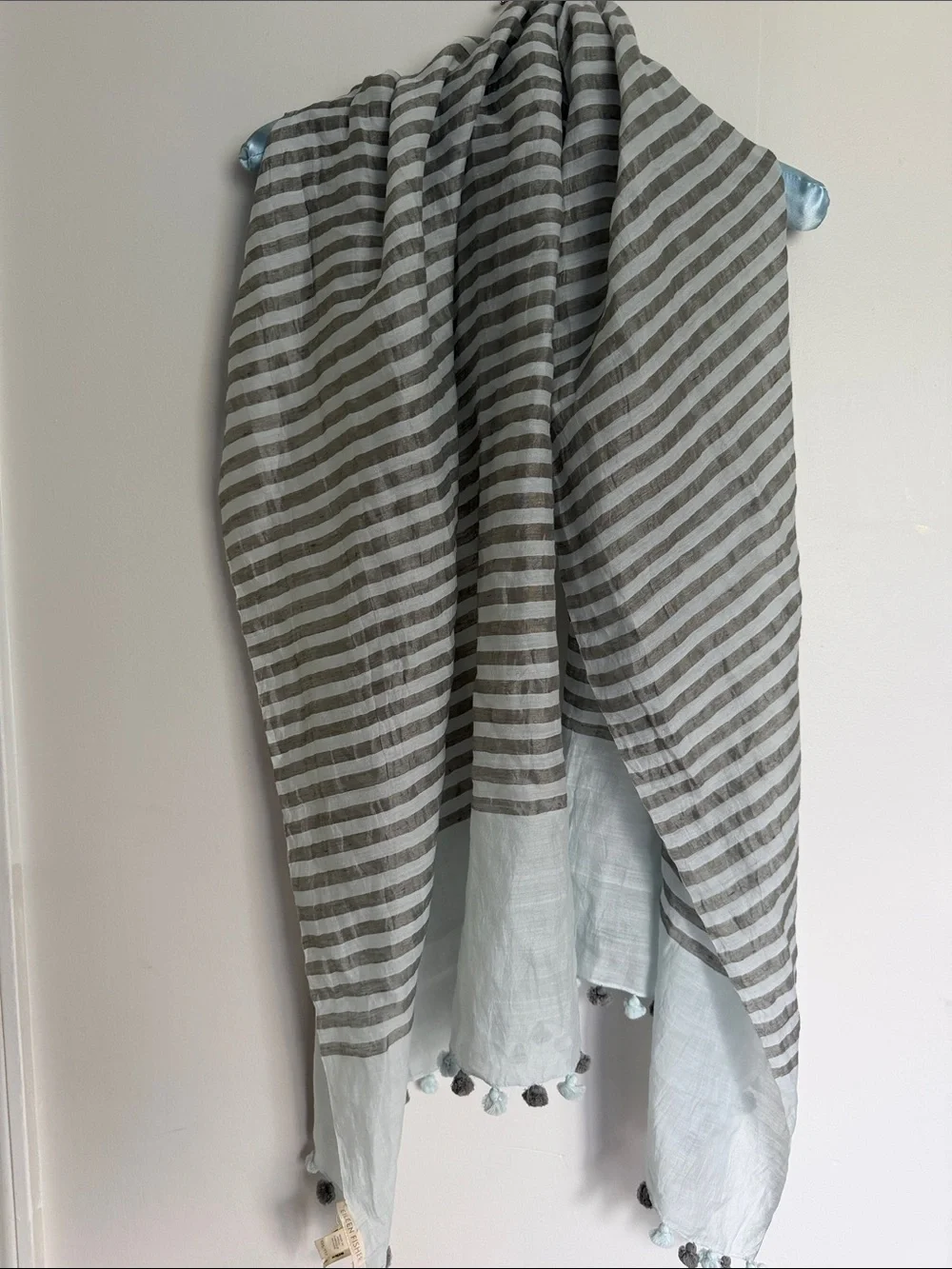 Eileen Fisher Gray & light blue ( light mint) Striped Pom-Trim Scarf 26 X 70’